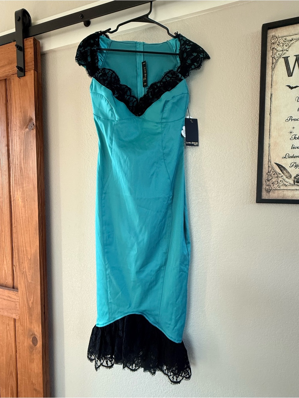 Laura Byrnes PUG Teal Midi Dress with Black Lace Trim. 2014 size M.